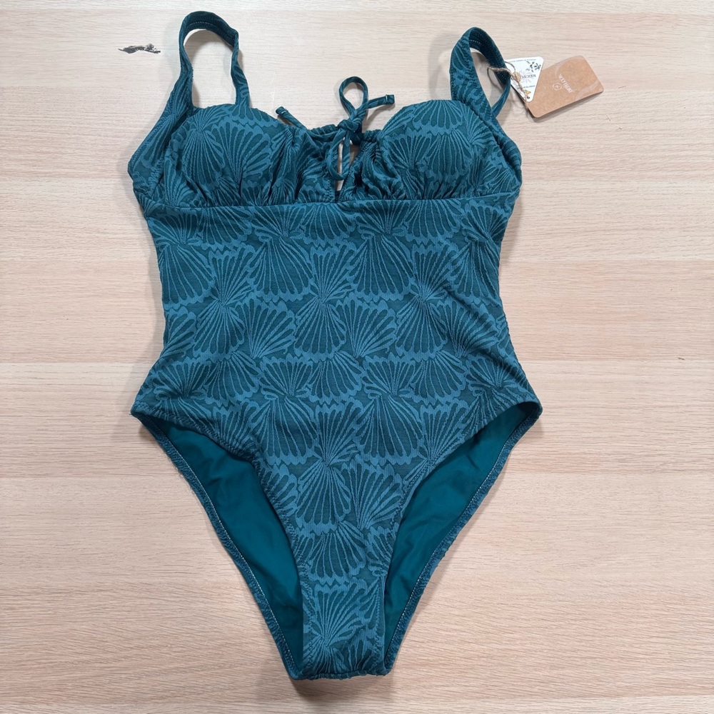 Berlook Teal Shell-Print One-Piece Swimsuit with Tie Front B09